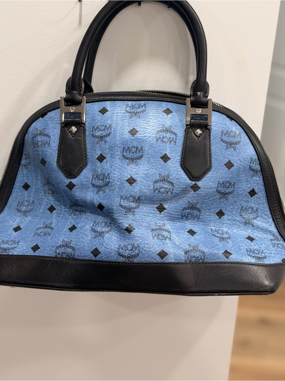 MCM Light Blue Logo Satchel with Black Trim